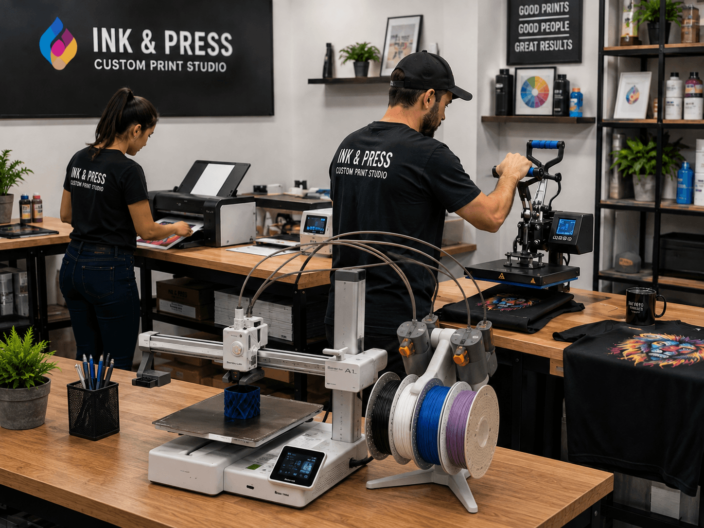 Equipe de uma gráfica operando prensa térmica e impressora 3D no estúdio