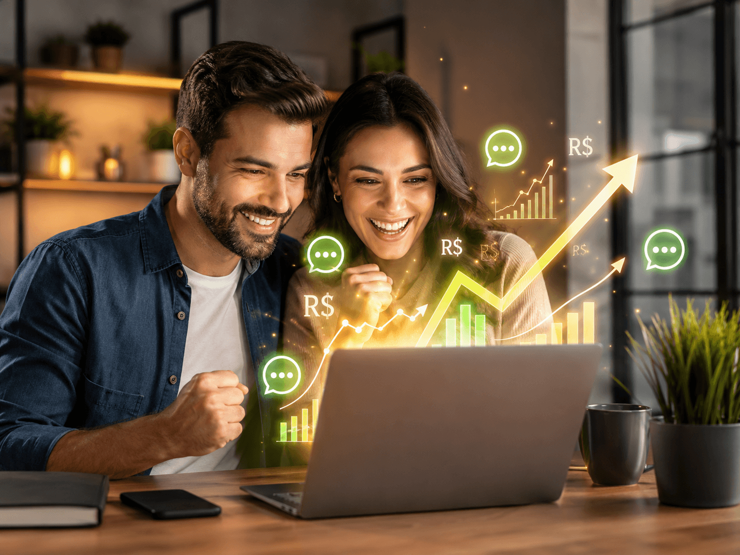 Casal de empreendedores comemorando o crescimento das vendas na frente do notebook