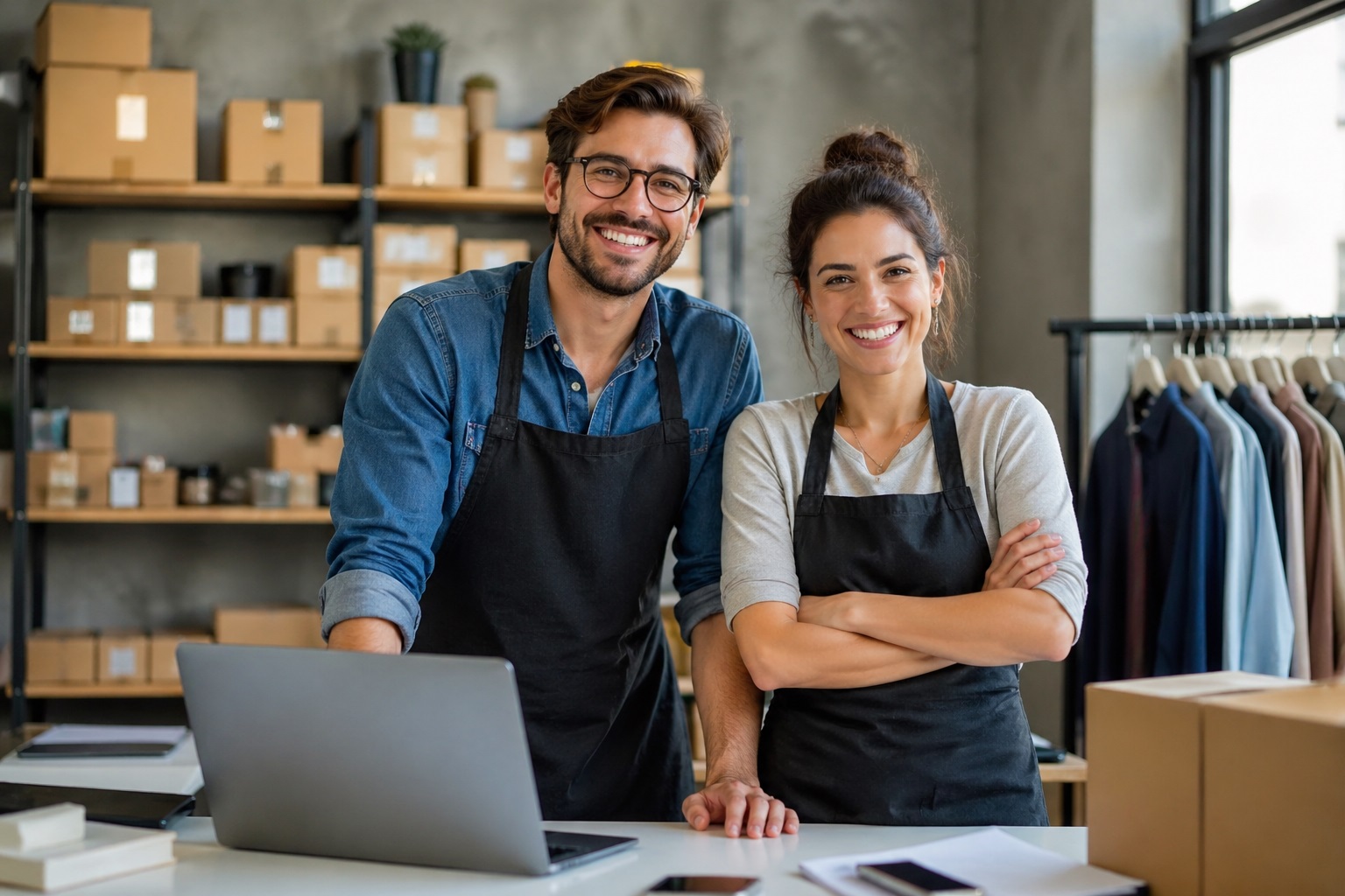 Casal de empreendedores tocando o próprio negócio juntos